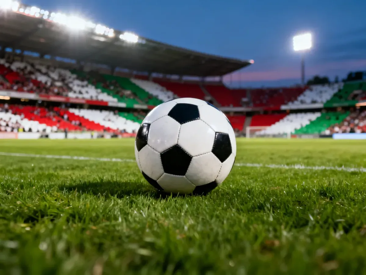 Klasyczna piłka nożna na murawie stadionu w otoczeniu kibiców podczas wieczornego meczu.