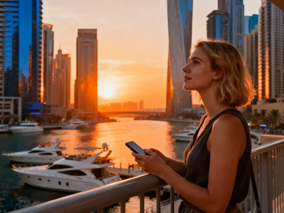 Kobieta na balkonie z widokiem na panoramę Dubai Marina o zachodzie słońca, ilustrująca luksusowy charakter wyjazdu.