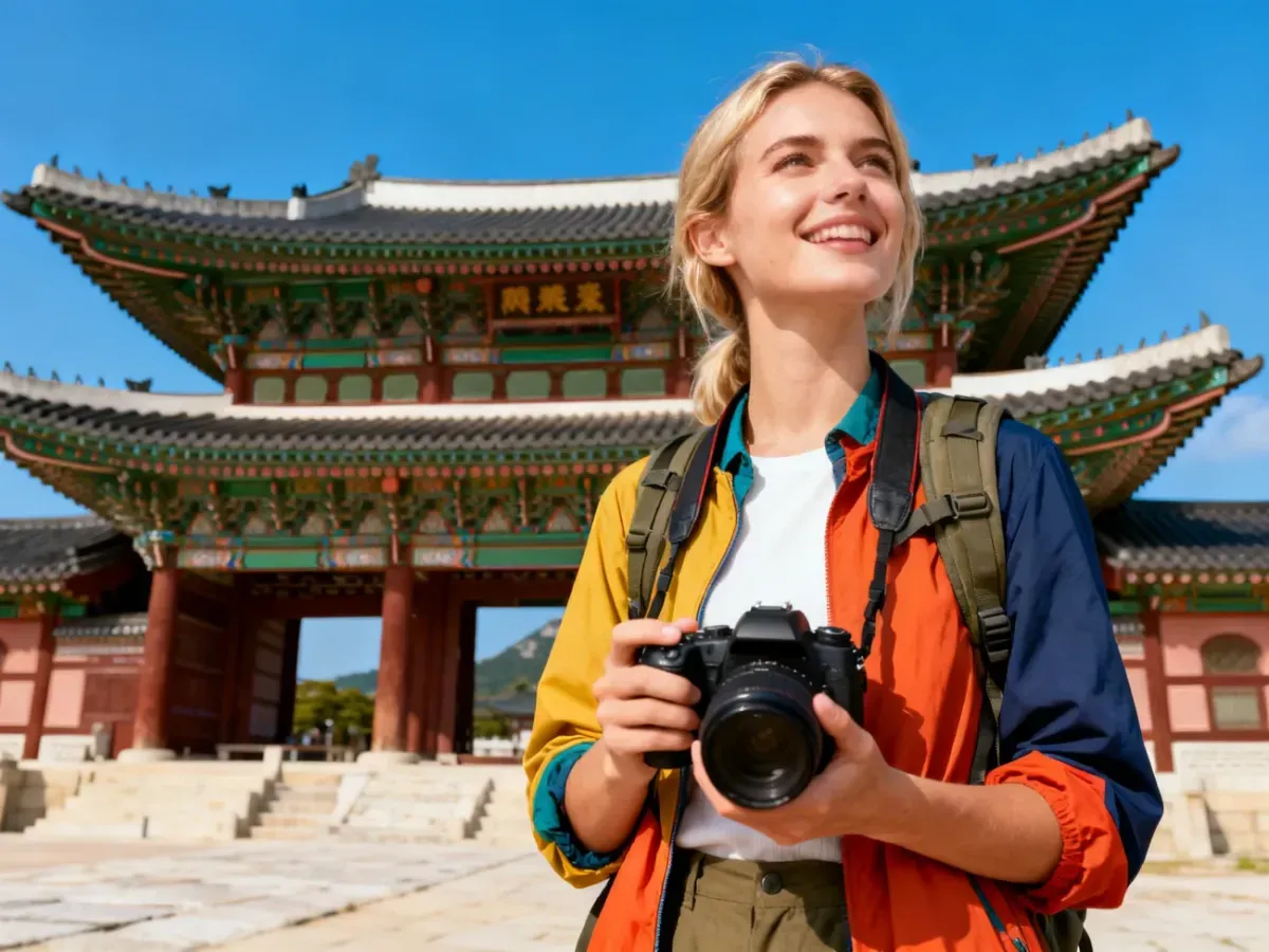 Turystka z aparatem fotograficznym na tle tradycyjnej architektury pałacu Gyeongbokgung w Seulu.