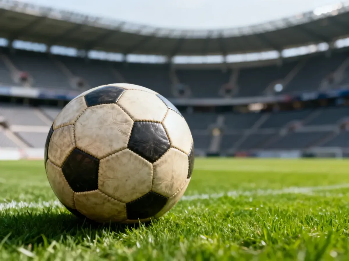 Klasyczna skórzana piłka na murawie profesjonalnego stadionu przed meczem Legii Warszawa z Cracovią.