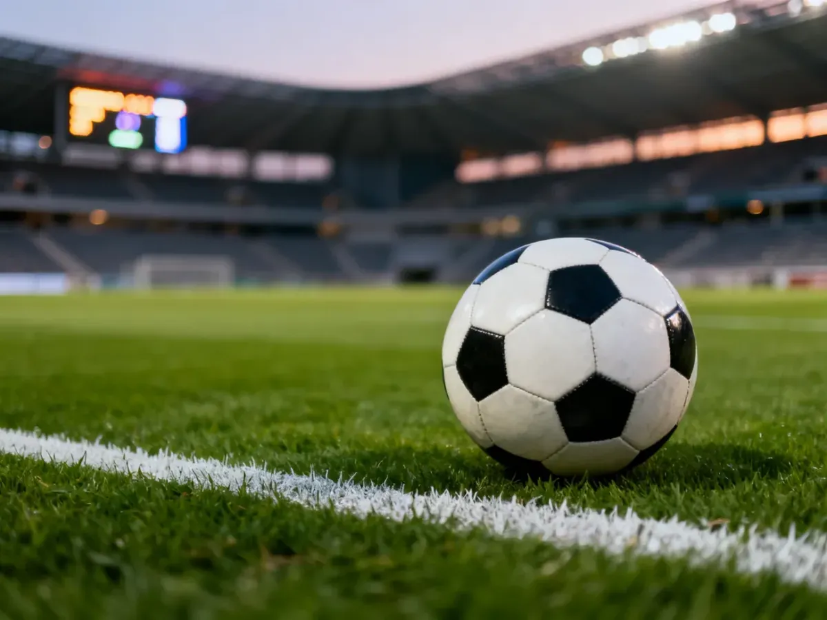 Piłka leżąca na murawie boiska przed meczem na tle oświetlonego stadionu.