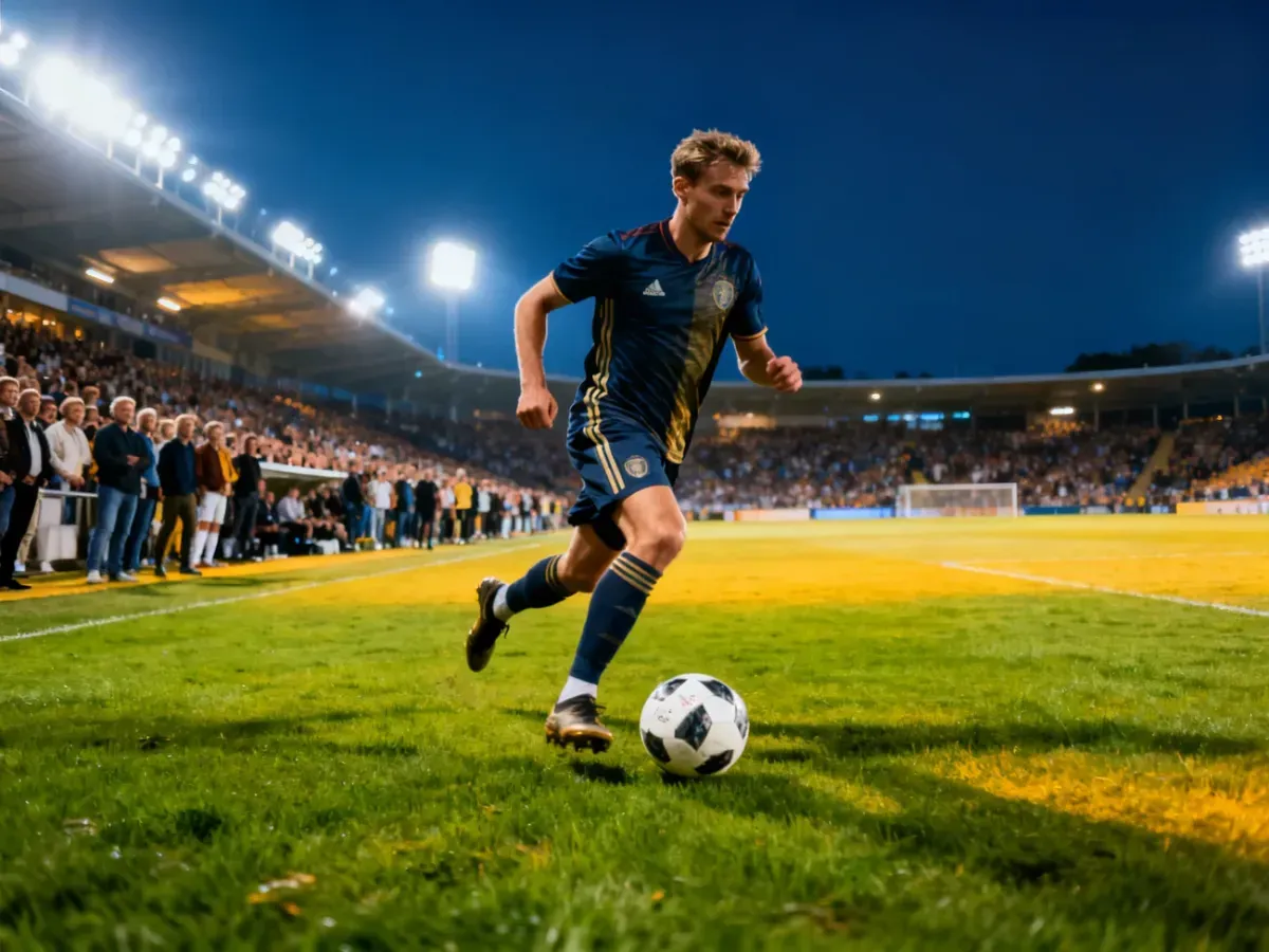 Piłkarz prowadzi piłkę po murawie podczas wieczornego meczu na oświetlonym stadionie.