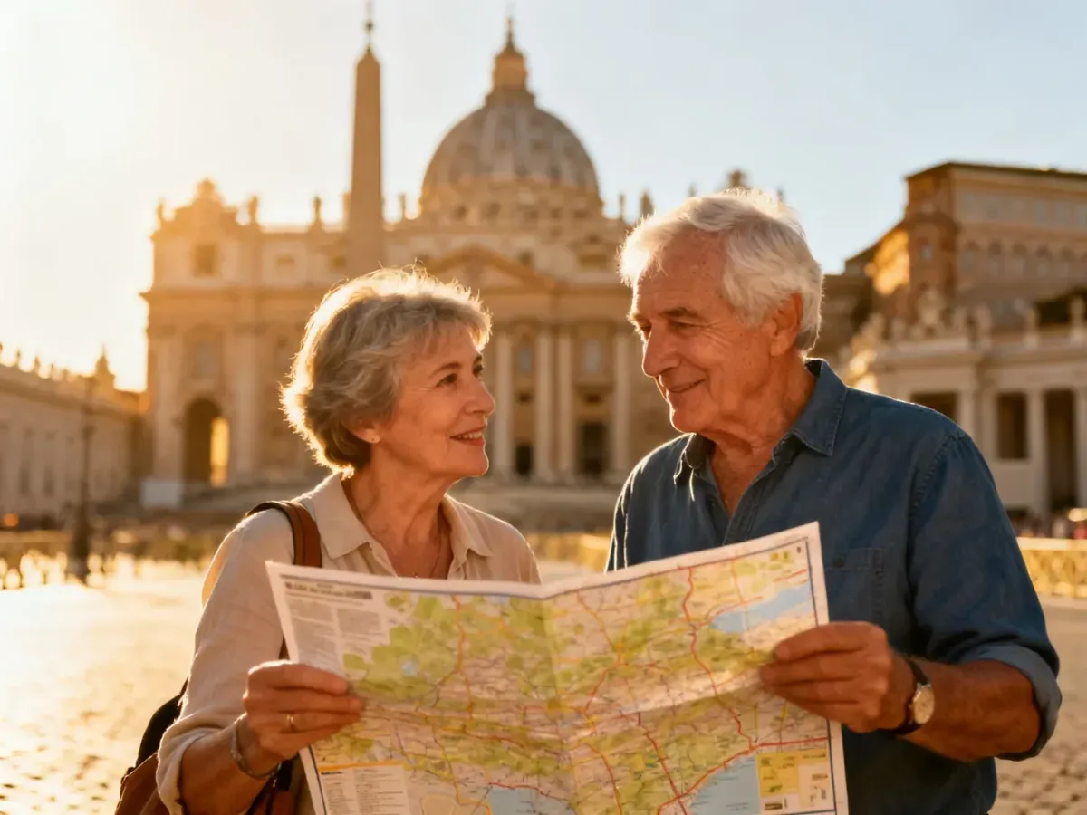 Uśmiechnięta para seniorów z mapą w rękach na tle Bazyliki św. Piotra w Rzymie podczas słonecznego dnia.