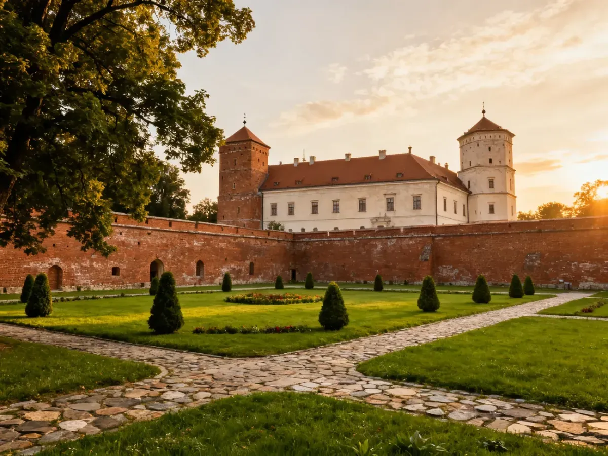 Majestatyczny Zamek w Janowie Podlaskim z zadbanym dziedzińcem w świetle zachodzącego słońca.