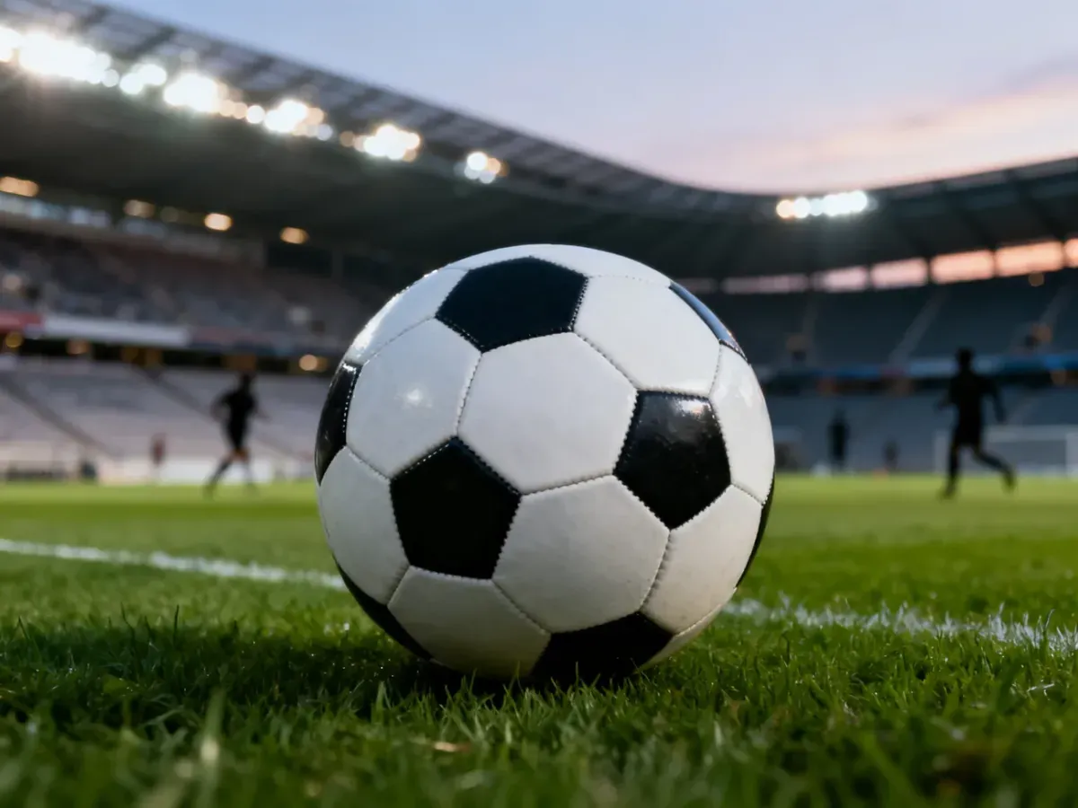 Czarno-biała piłka na murawie stadionu w wieczornej oprawie, symbolizująca emocje towarzyszące meczowi piłkarskiemu.