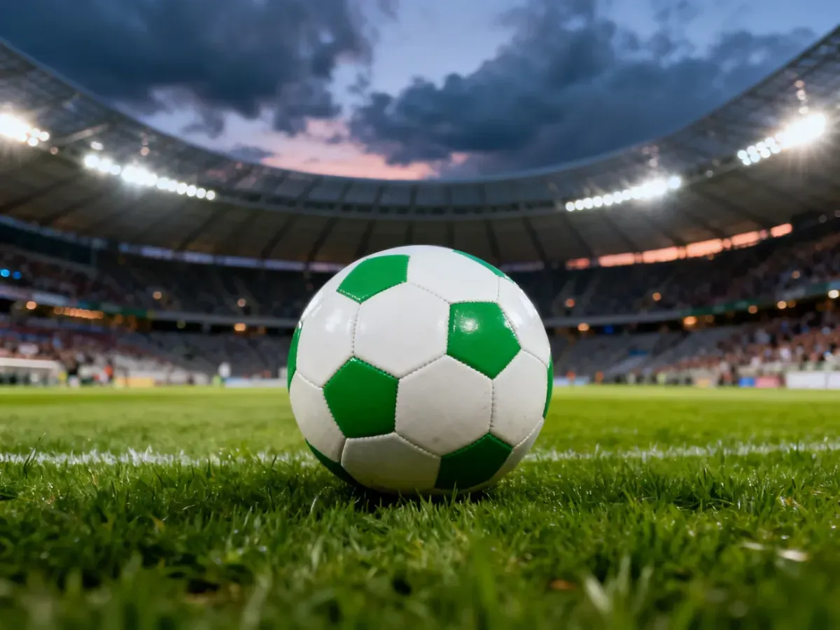 Piłka do gry na murawie stadionu Legii Warszawa w blasku jupiterów podczas wieczornego meczu.
