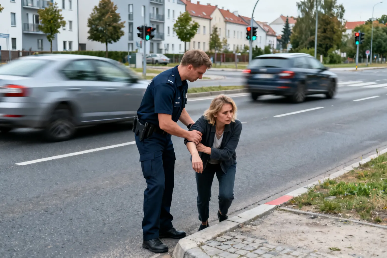 Policjant pomógł kobiecie w Legionowie — interwencja przy ruchliwej jezdni