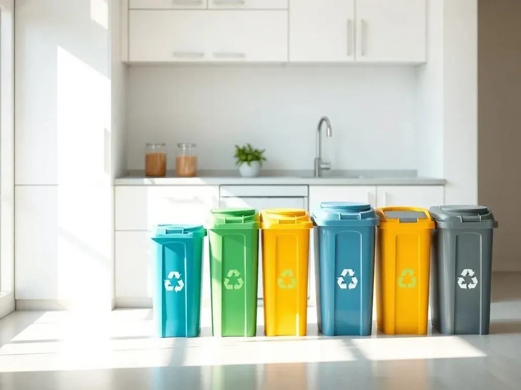Nowoczesna kuchnia z kolorowymi koszami do segregacji odpadów, podkreślająca wygodny i estetyczny recykling w domu.