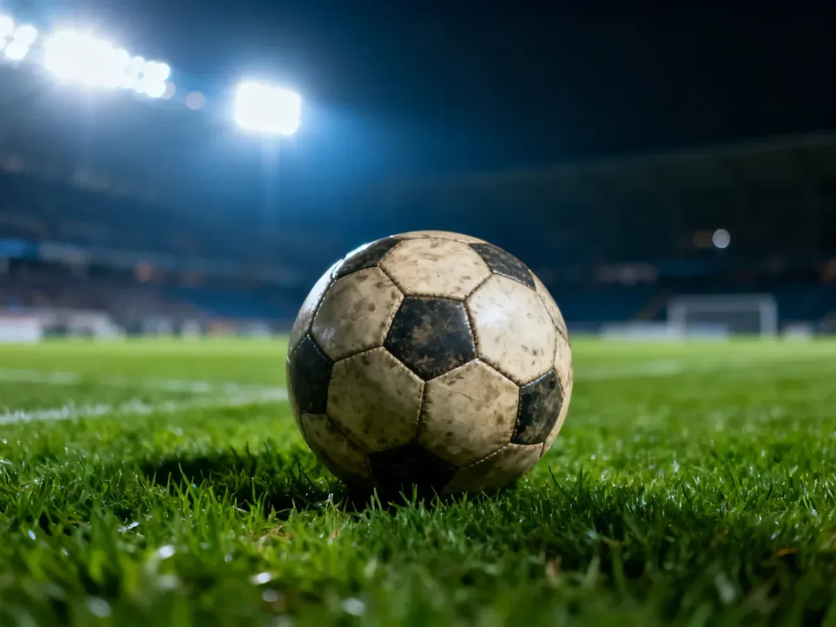 Skórzana piłka na murawie stadionu w świetle jupiterów przed meczem Legii Warszawa z Arką Gdynia.