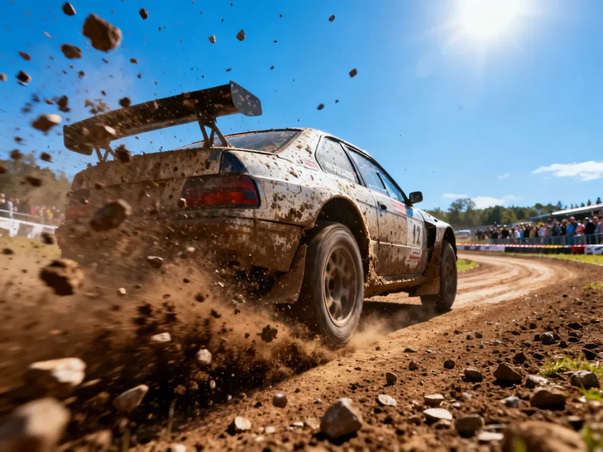 Zmodyfikowany samochód rajdowy driftujący na błotnistym torze podczas zawodów Wrak Race.