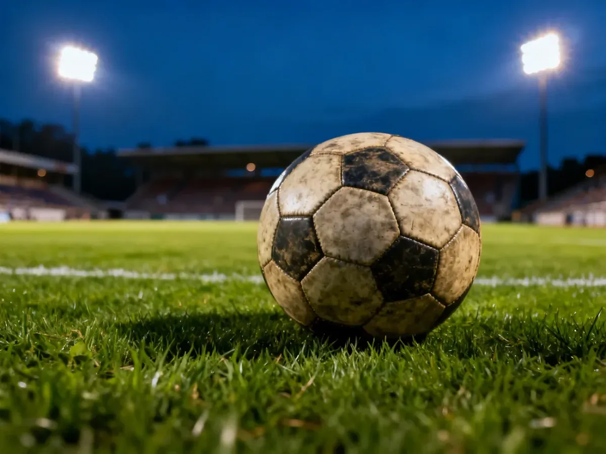 Piłka do piłki nożnej na murawie stadionu w świetle jupiterów przed meczem Polonii Warszawa z Chrobrym Głogów.