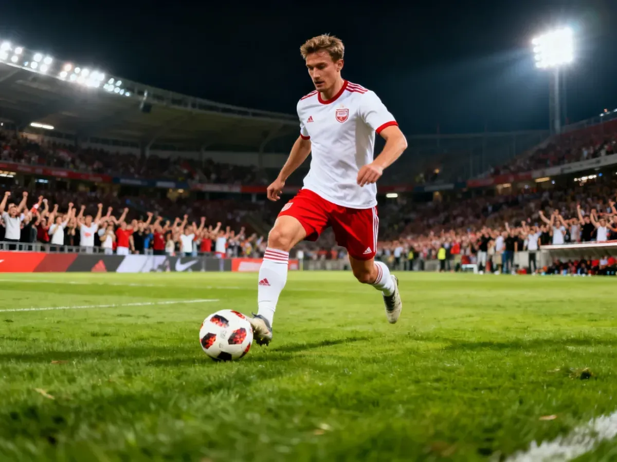 Piłkarz Legii Warszawa prowadzi piłkę podczas nocnego meczu na oświetlonym stadionie.