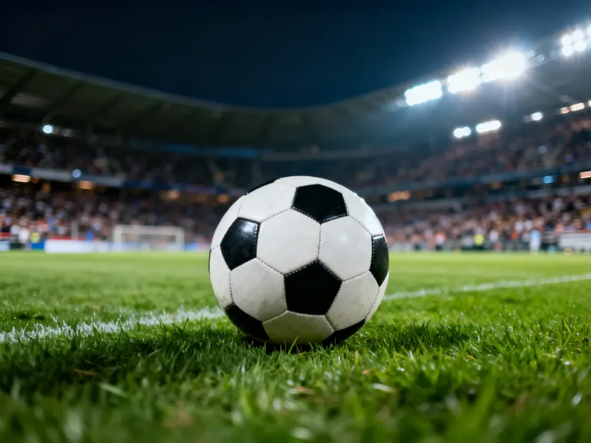 Nowoczesny stadion piłkarski podczas wieczornego meczu z piłką na murawie i rozświetlonymi trybunami w tle.