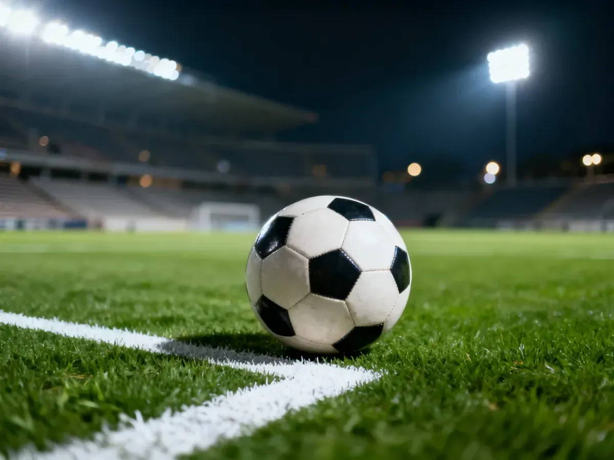 Piłka do gry w piłkę nożną ustawiona na punkcie karnym na oświetlonym stadionie przed meczem.