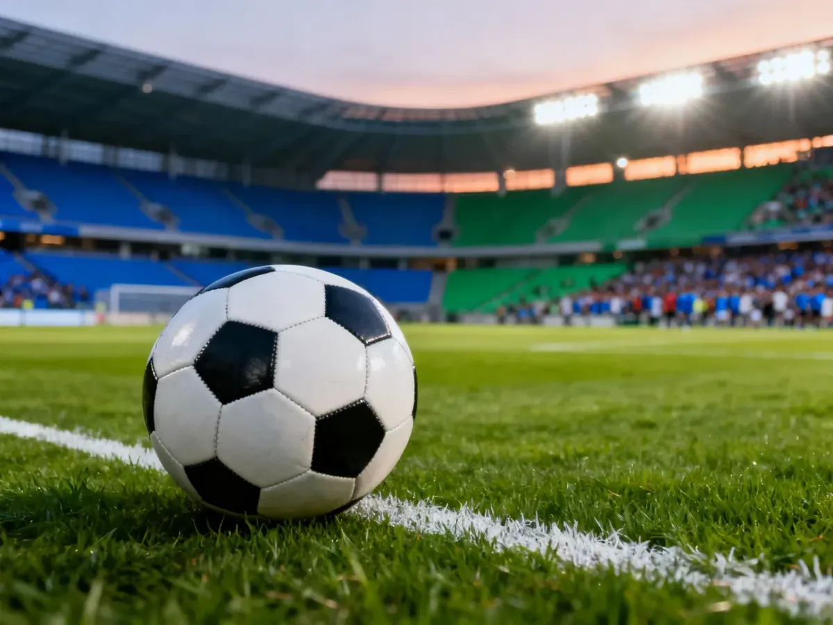 Piłka na murawie stadionu w świetle jupiterów przed meczem Lecha Poznań z Legią Warszawa.