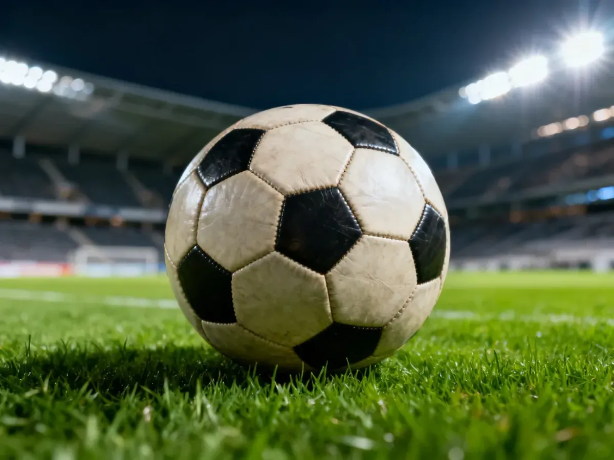 Klasyczna skórzana piłka na murawie stadionu w świetle jupiterów przed meczem piłkarskim.