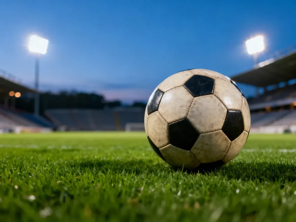 Klasyczna piłka nożna leżąca na murawie stadionu w świetle wieczornych reflektorów.