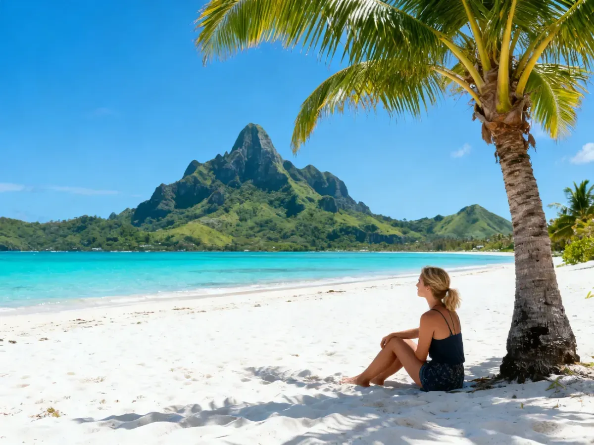 Kobieta odpoczywająca na piaszczystej plaży na Mauritiusie z widokiem na turkusowy ocean i malownicze góry w tle.