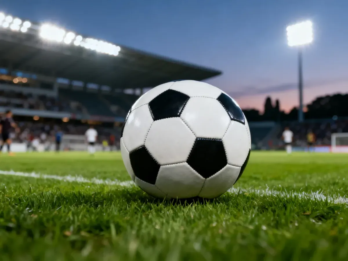 Klasyczna piłka nożna na murawie stadionu w świetle jupiterów przed meczem Radomiaka z Legią Warszawa.