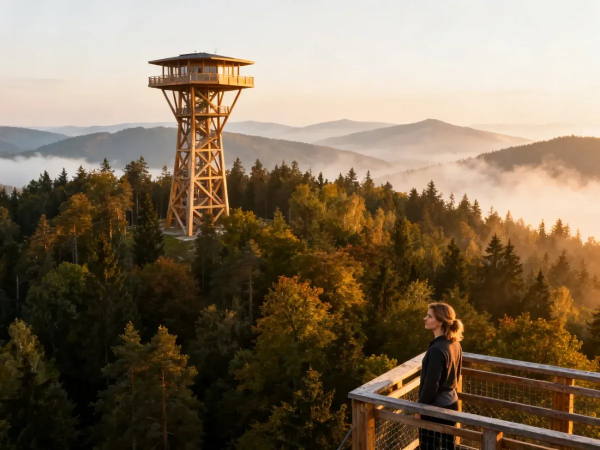 Kobieta podziwiająca panoramę gór z tarasu widokowego nowoczesnej, drewnianej wieży w otoczeniu mglistych szczytów.