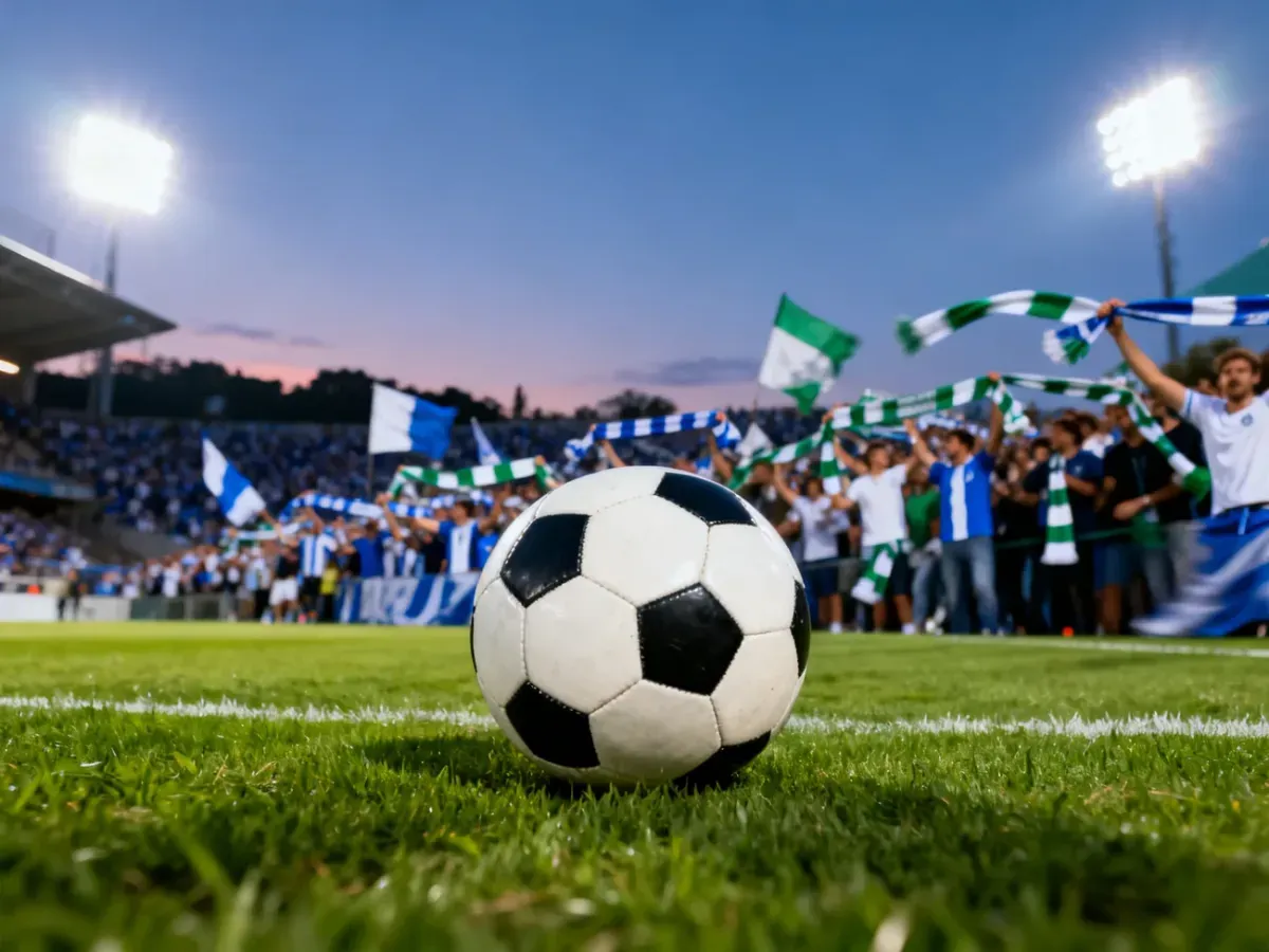 Piłka na murawie stadionu podczas wieczornego meczu Pogoni Szczecin z Legią Warszawa w otoczeniu kibiców.